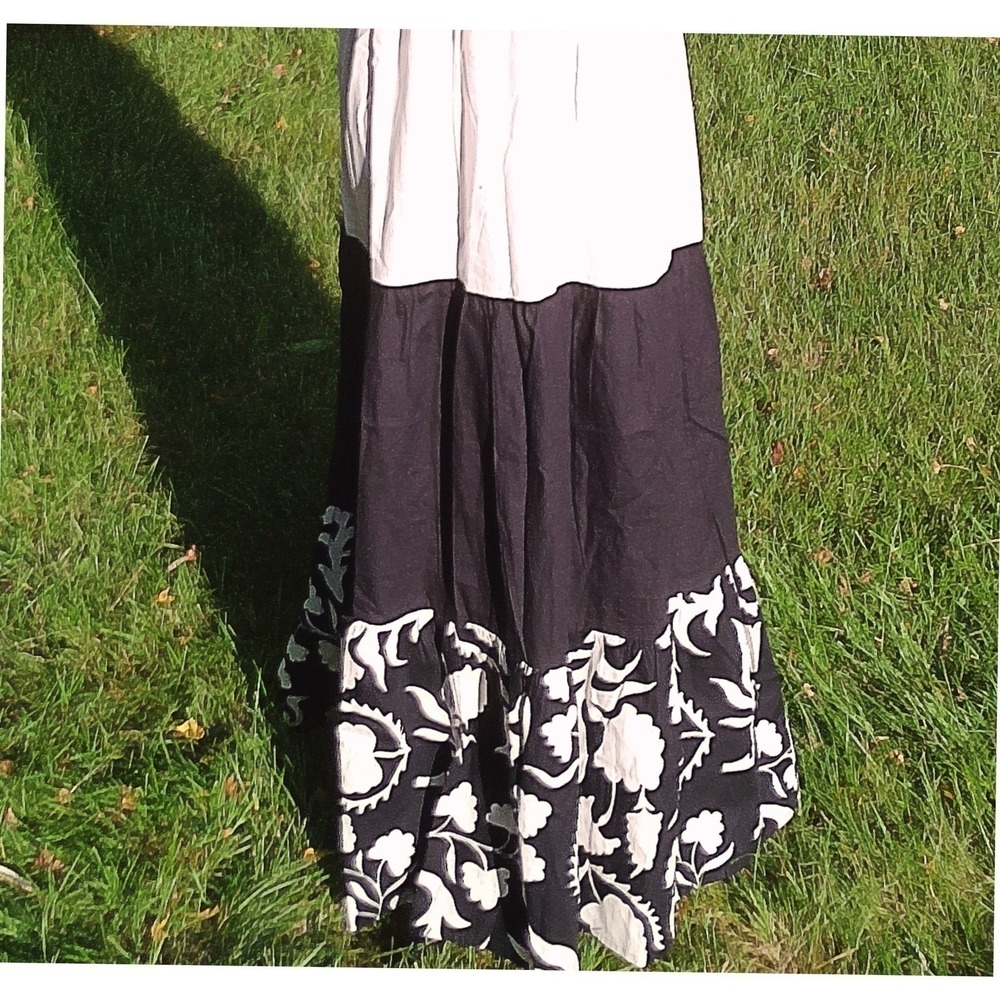 100% Cotton Maxi Dress Size (S)‎ - Summer Tiered Smocked Bow Tie Black & Cream - Picture 8 of 11